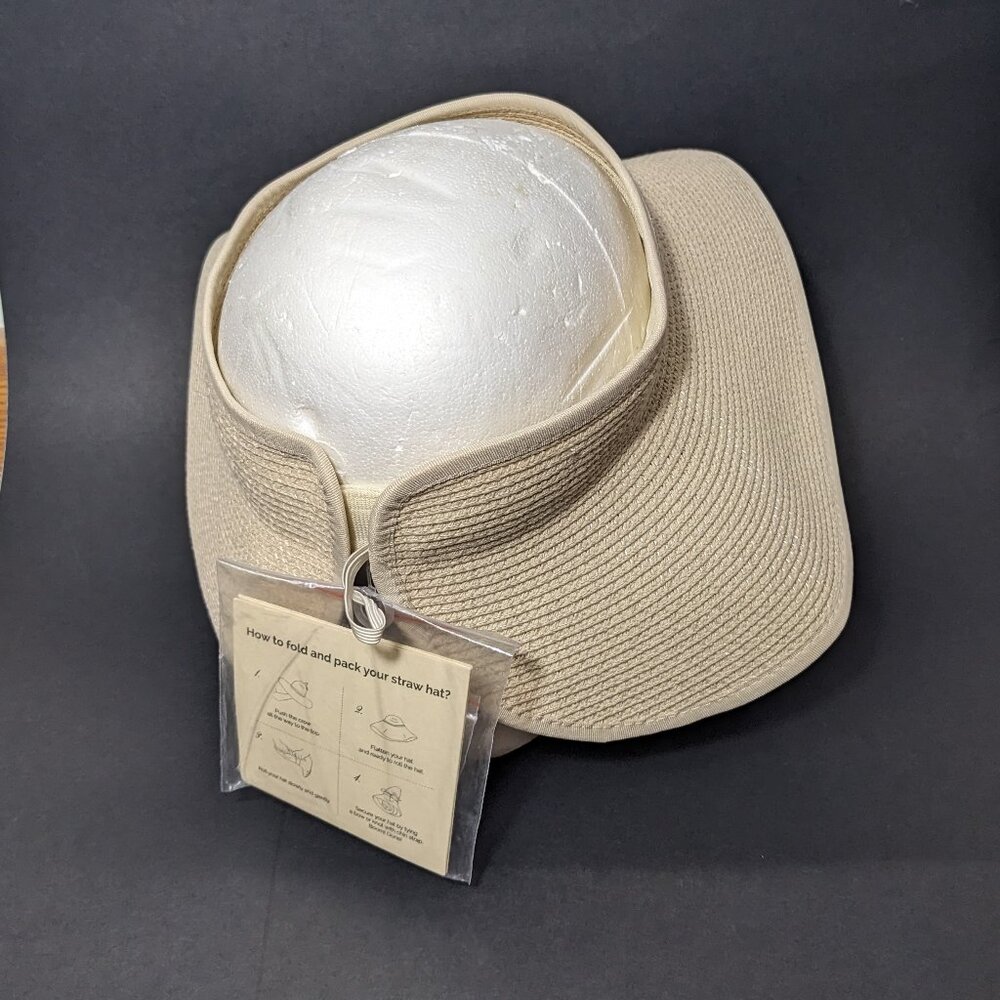 Furtalk Straw Sun Visor Hat Beige Wide Brim Roll-Up Ponytail UVA UVB Packable - Picture 3 of 8